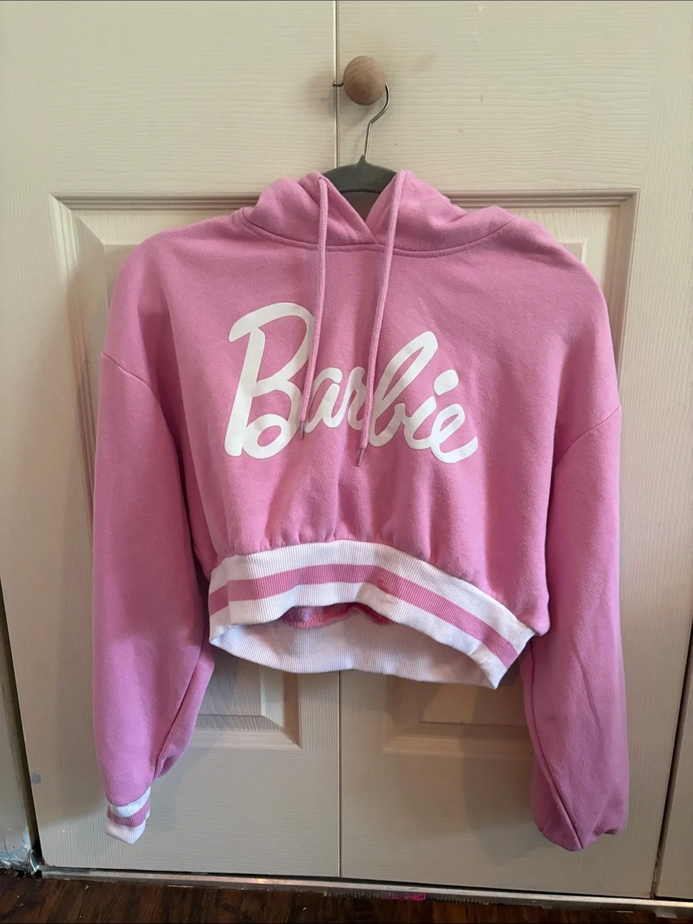 Barbie Pink & White Logo Cropped Hoodie